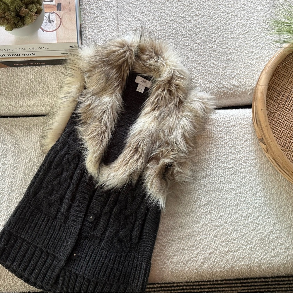 LOFT Black Cable Knit Cardigan with Faux Fur Trim